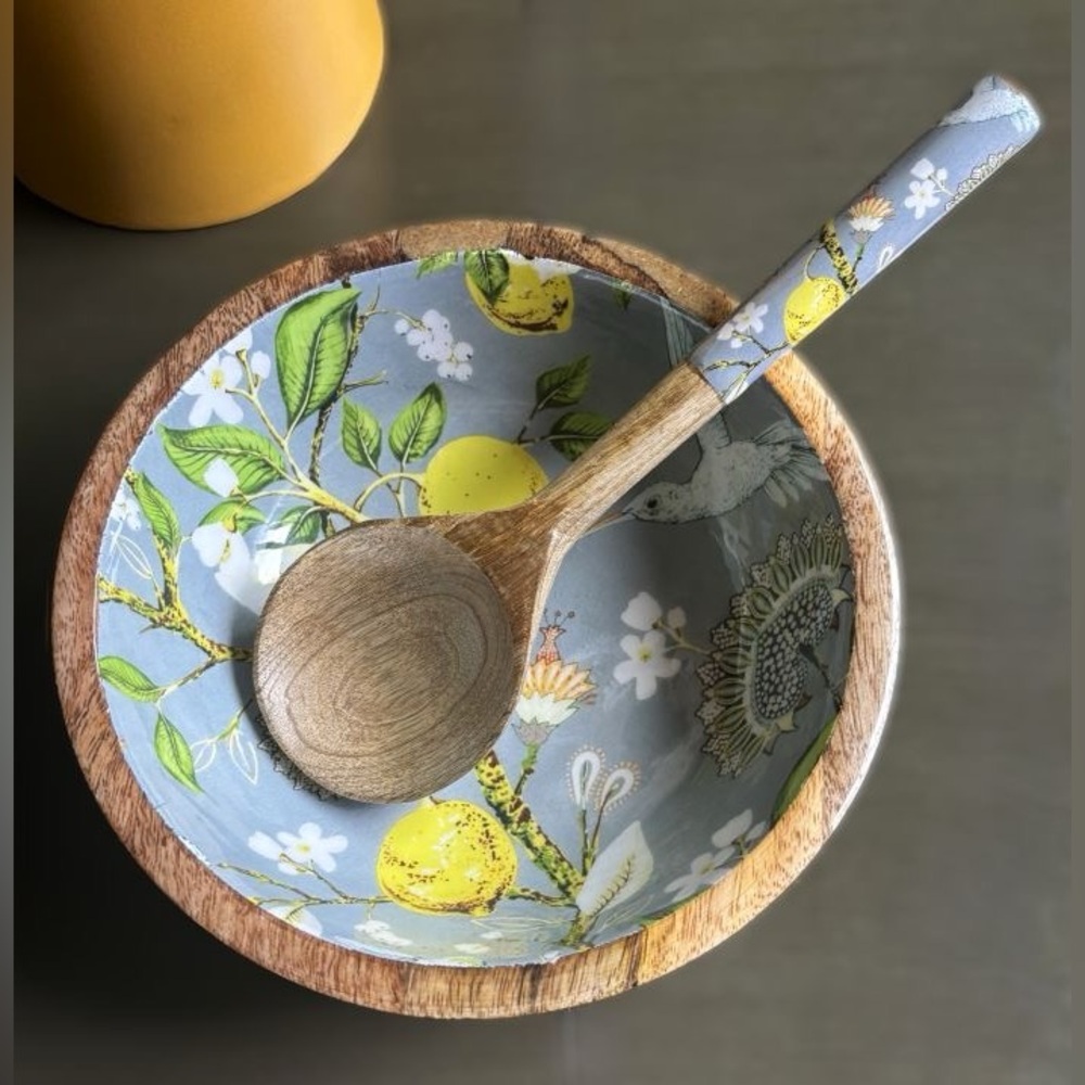 Vintage Style Botanical Lemons Hummingbird Artisanal Serving Bowl Spoon Set New